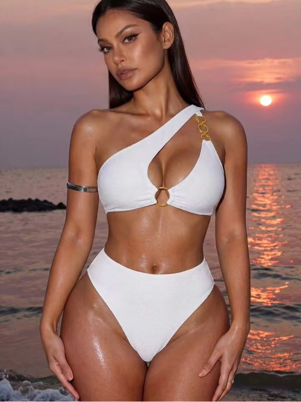 White One-Shoulder Asymmetric Bikini with Gold Ring Accents
